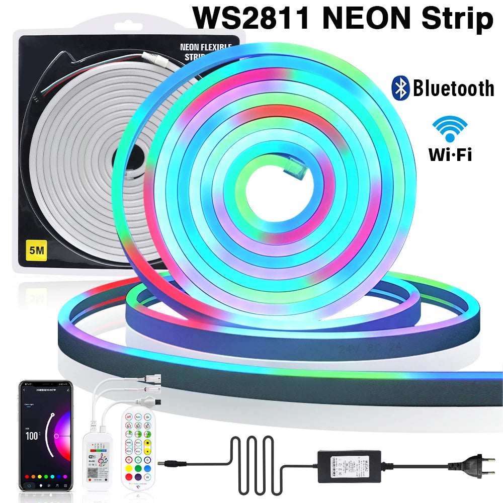 WiFi Bluetooth APP Control 12V 24V Dream Color Neon Light Waterproof 8X16MM WS2811 RGB Flexible Ribbon Rope LED Strip